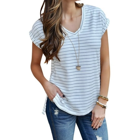 Slit Front Cotton Top - 711ONLINESTORE Women Short Sleeve V Neck Slit Side Striped Top