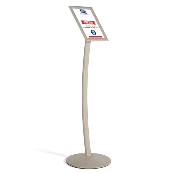 M&T Displays Curved Menu Board, 8.5x11 inch White Pearlic Pedestal Sign Holder Floor Standing Aluminum Front Loading Easy Open Poster Message Advertisement Holder for Restaurant Cafe Hotel