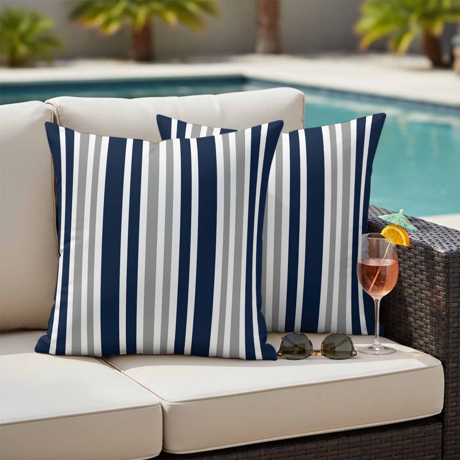 Navy Blue Grey Striped Outdoor Waterproof Pillow Covers, Modern Minimalist Ombre Lines Decorative Square Throw Pillowcase Sofa Cushion Sham for Patio/Couch/Chair, 24"x24" 2 Pack