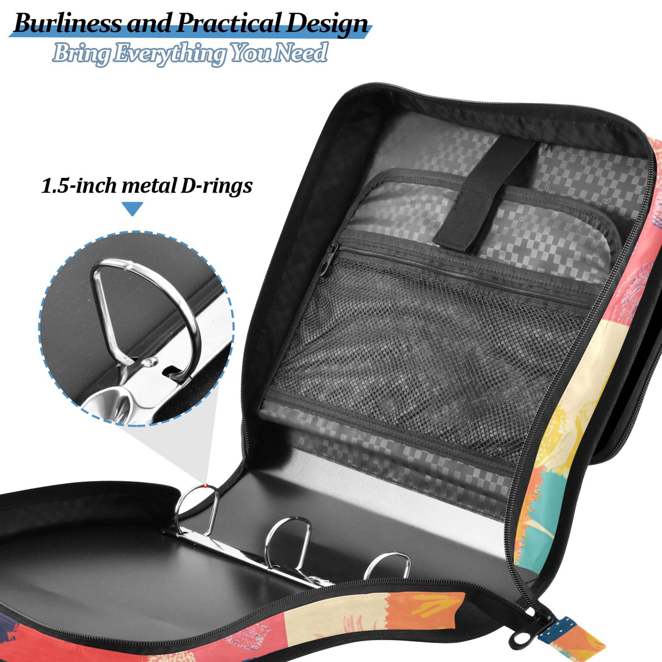 3 Ring Zipper Binder with Shoulder Strap Waterproof Trapper Keeper 2 Inch D-Ring 500 Sheets Capacity Colorful Block Doodle