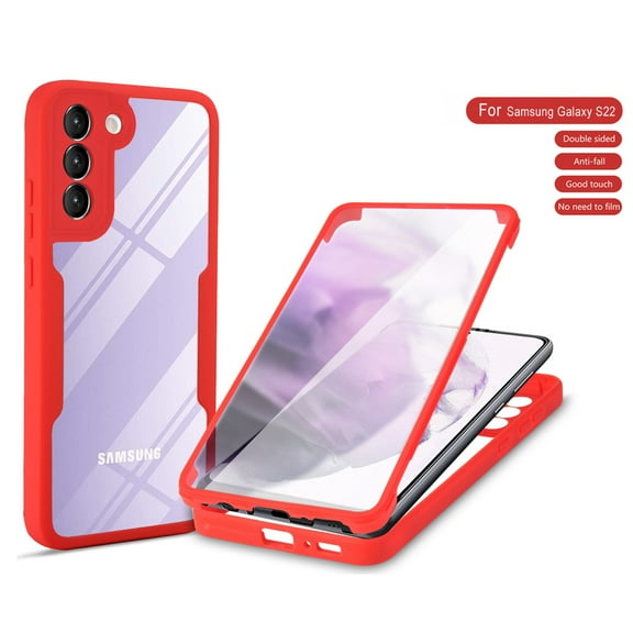 Jiahe Cover For Samsung Galaxy S22 6.1 inch,Slim Rugged Shockproof Dual Layer Silicone Bumper with Built in Screen Protector Clear Back Cover,Red