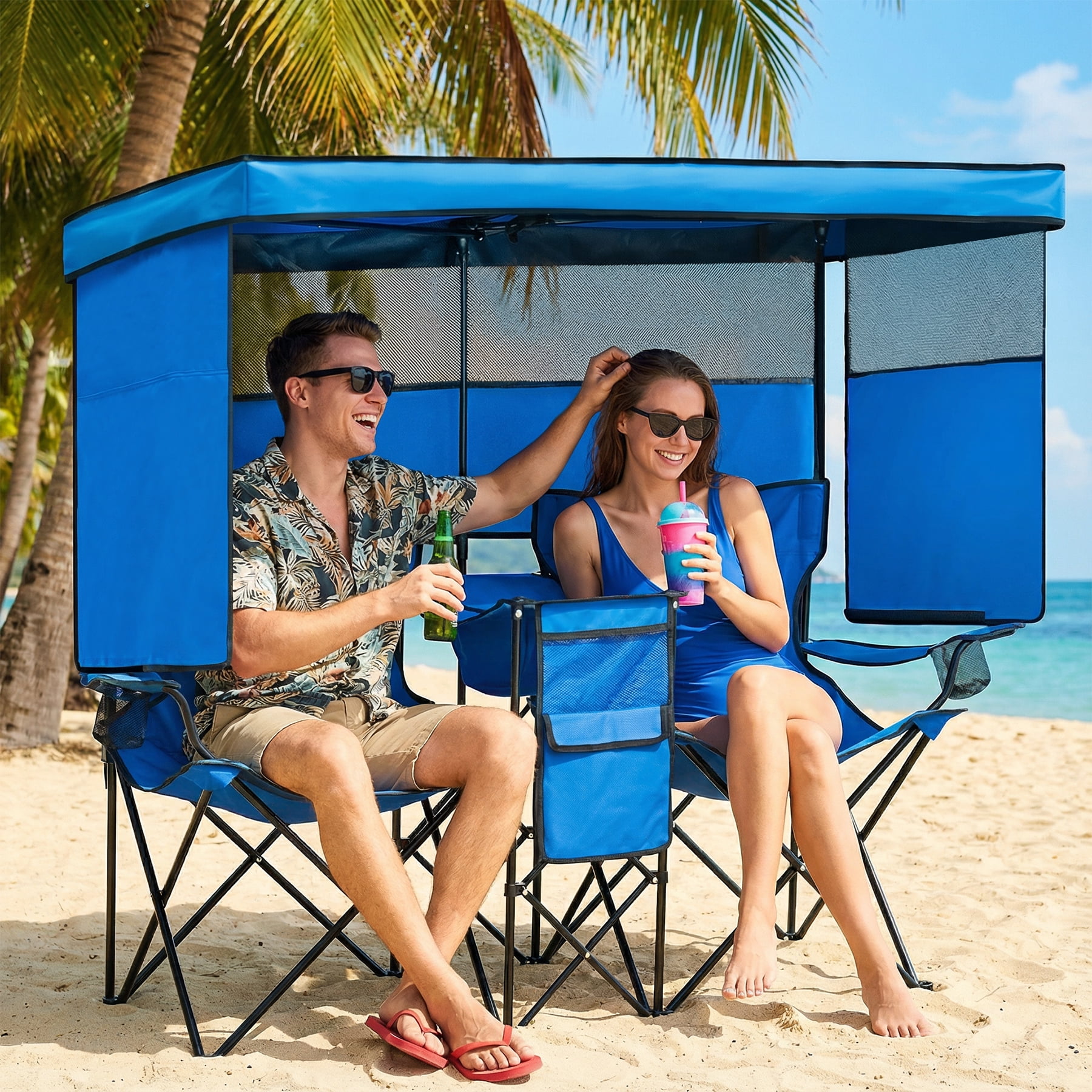 WTVIDAS Double Beach Chair with Canopy Shade Oversized Camping Chairs with Cup Holder Cooler Bag Folding Loveseat Chairs for Camping Beach Lawn