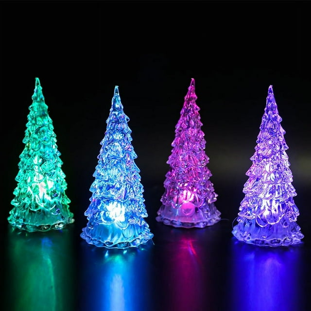 Paquete de 4 luces LED para árbol de Navidad, mini árbol iluminado acrílico, decoraciones que cambian de color en interiores, vacaciones para mesa de dormitorio (4 PC)