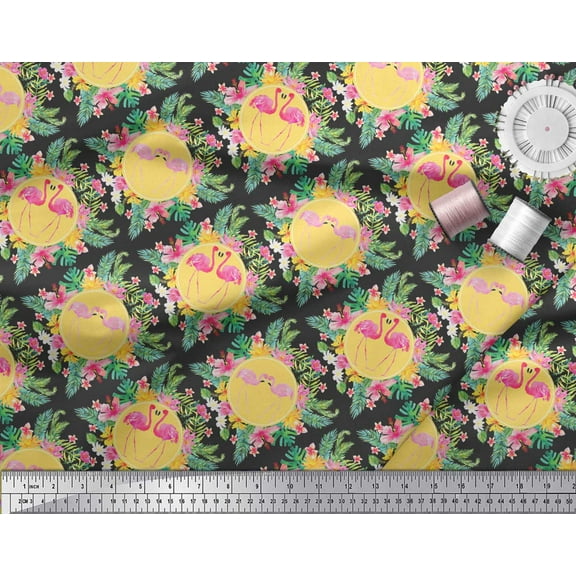 Soimoi Black Cotton Duck Fabric Flamingo & Bird Print Sewing Fabric Yard 44 Inch Wide