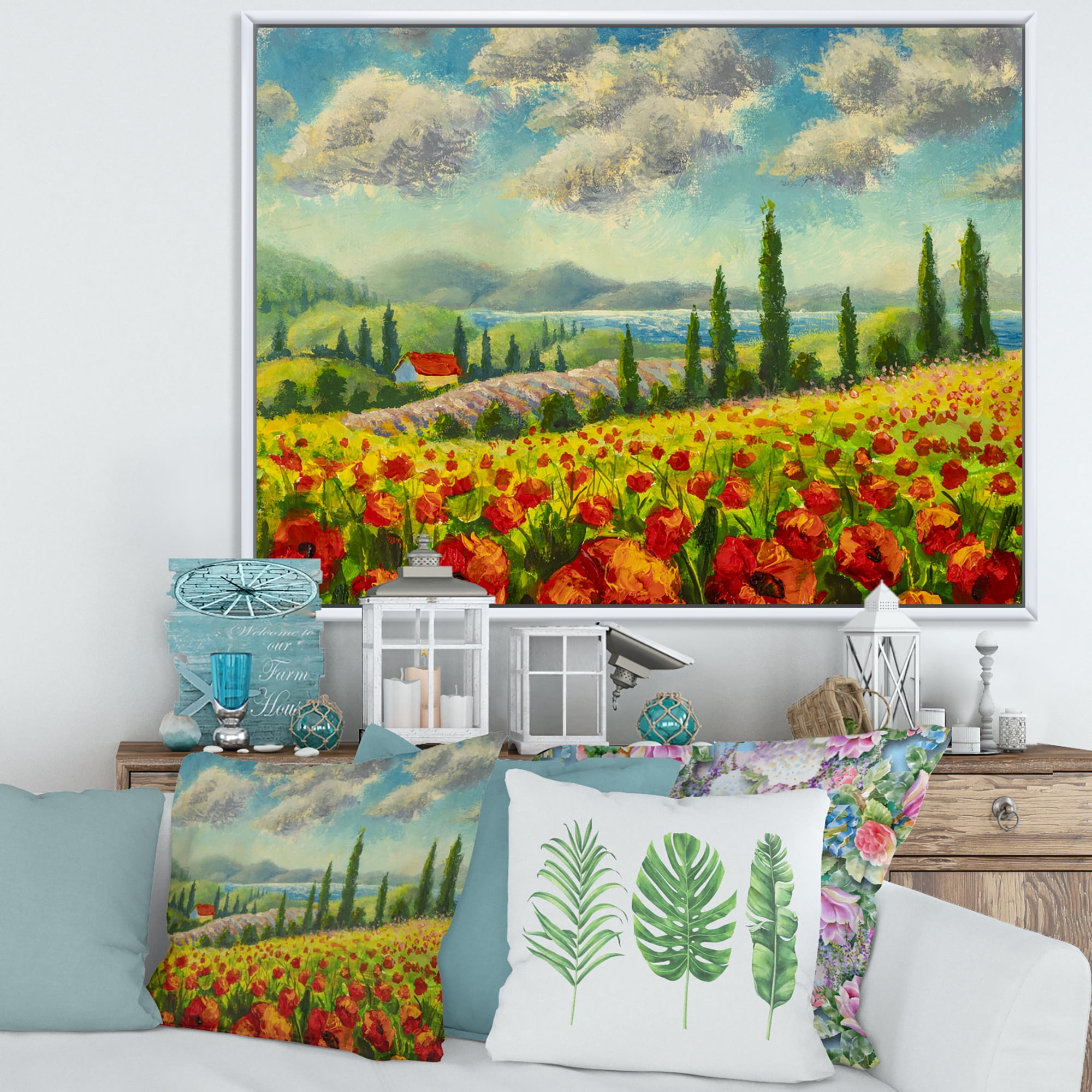 Designart 'Beautiful Landscape With Poppies Flowers By Riverside' Traditional Framed Canvas Wall Art Print