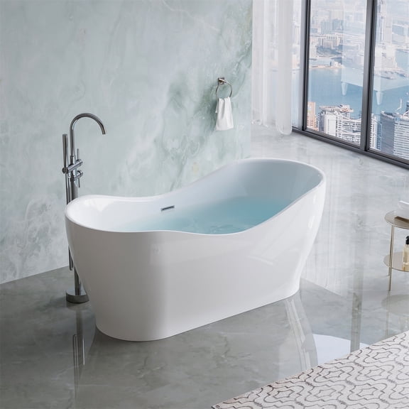 ANGELES HOME 67" Acrylic Freestanding Bathtub, Soaking White Bathtub with White Drain and Integrated Slotted Overflow Included, Glossy White