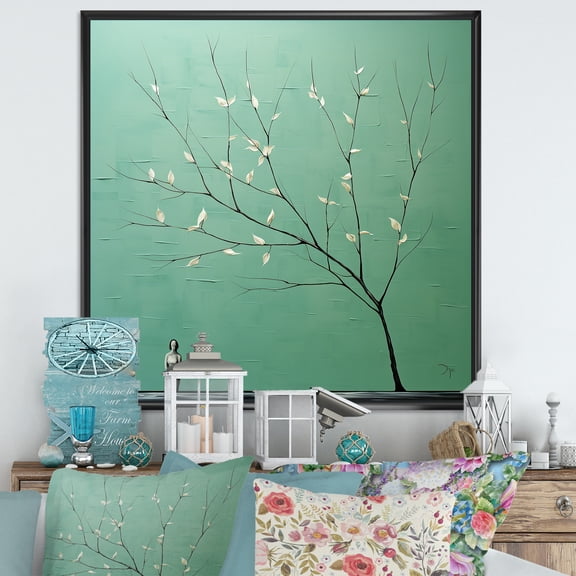 Designart "Solitude In Botanical Seafoam I" Leaves Floater Framed Wall Art Prints
