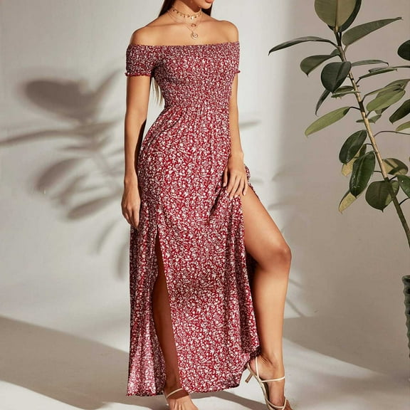 Womens Plus Size Dresses Women'S Summer Bohemian Floral Printed Short Sleeve Party Long Maxi Dress