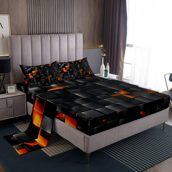 Erosebridal Futuristic Cubes Bed Sheets Twin For Boys,Geometric Saquare Bedding Sets Twin Size,Buffalo Decoration,Lightweight,3pcs