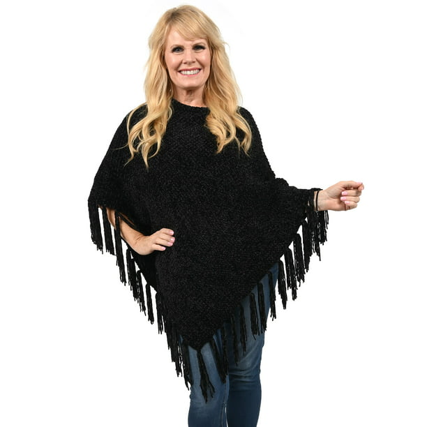 starved brink Distill Shop LC Women Palms Black Knitted Pattern Chenille Poncho with Fringe-L/XL  - Walmart.com