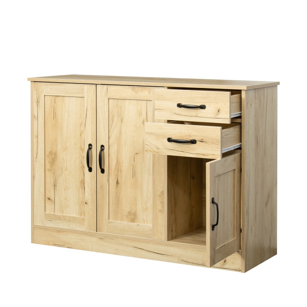 Modern Wood Sideboard Cabinet, 43.3" Buffet Storage Cabinet with 2 Doors, 2 Drawers & Adjustable Shelf, Console Table for Dining Room, Living Room & Entryway, Oak