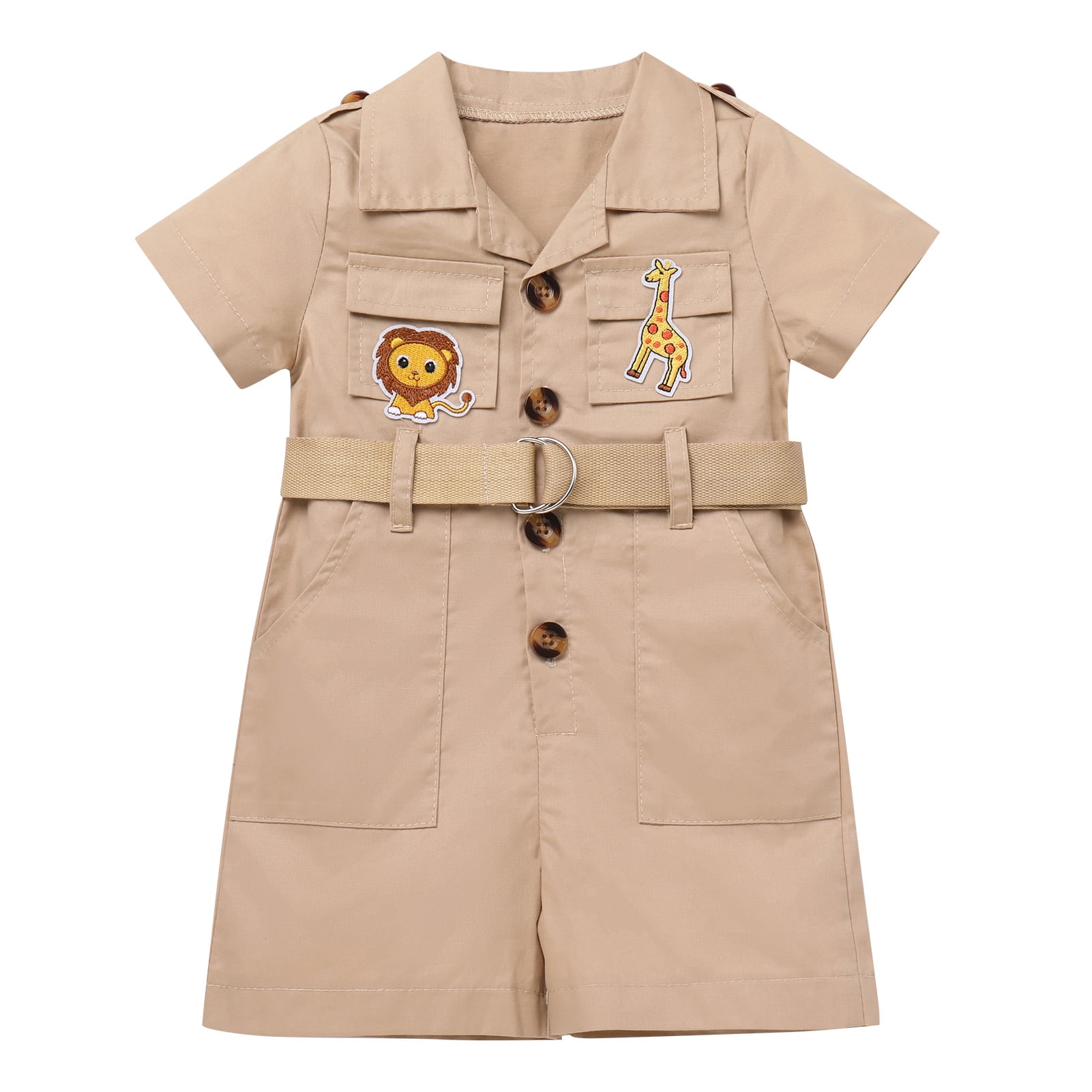 IBTOM CASTLE Toddler Baby Boys Girls Lion Giraffe Birthday Outfit One Piece Romper Jumpsuit with Belt and Hat Jungle Safari Cake Smash Clothes 0-6 Months Khaki