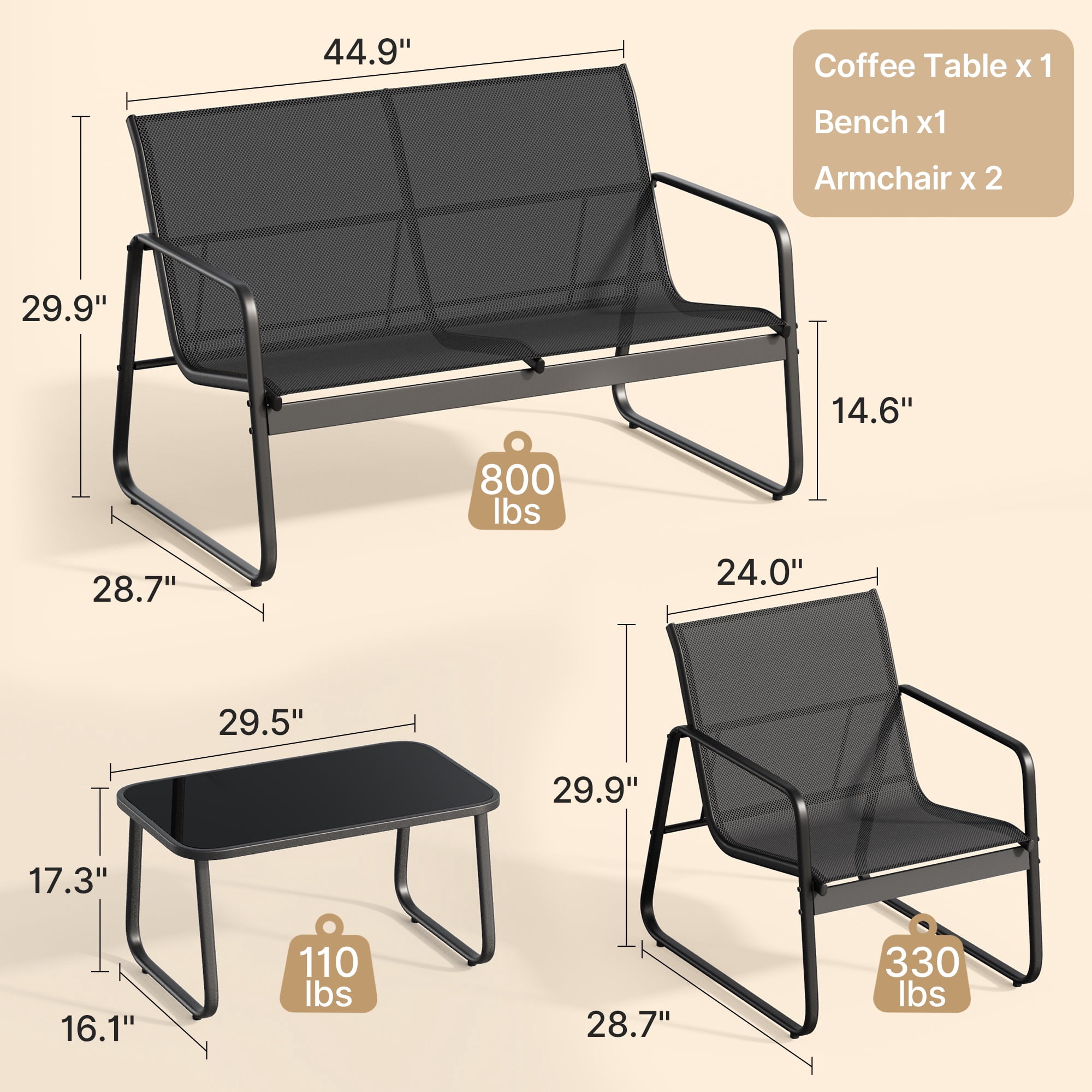 4 Piece Outdoor Patio Furniture Set, Modern Black Conversation Set with Loveseat, Chairs & Glass Table for Porch, Balcony, Garden, Backyard, Poolside
