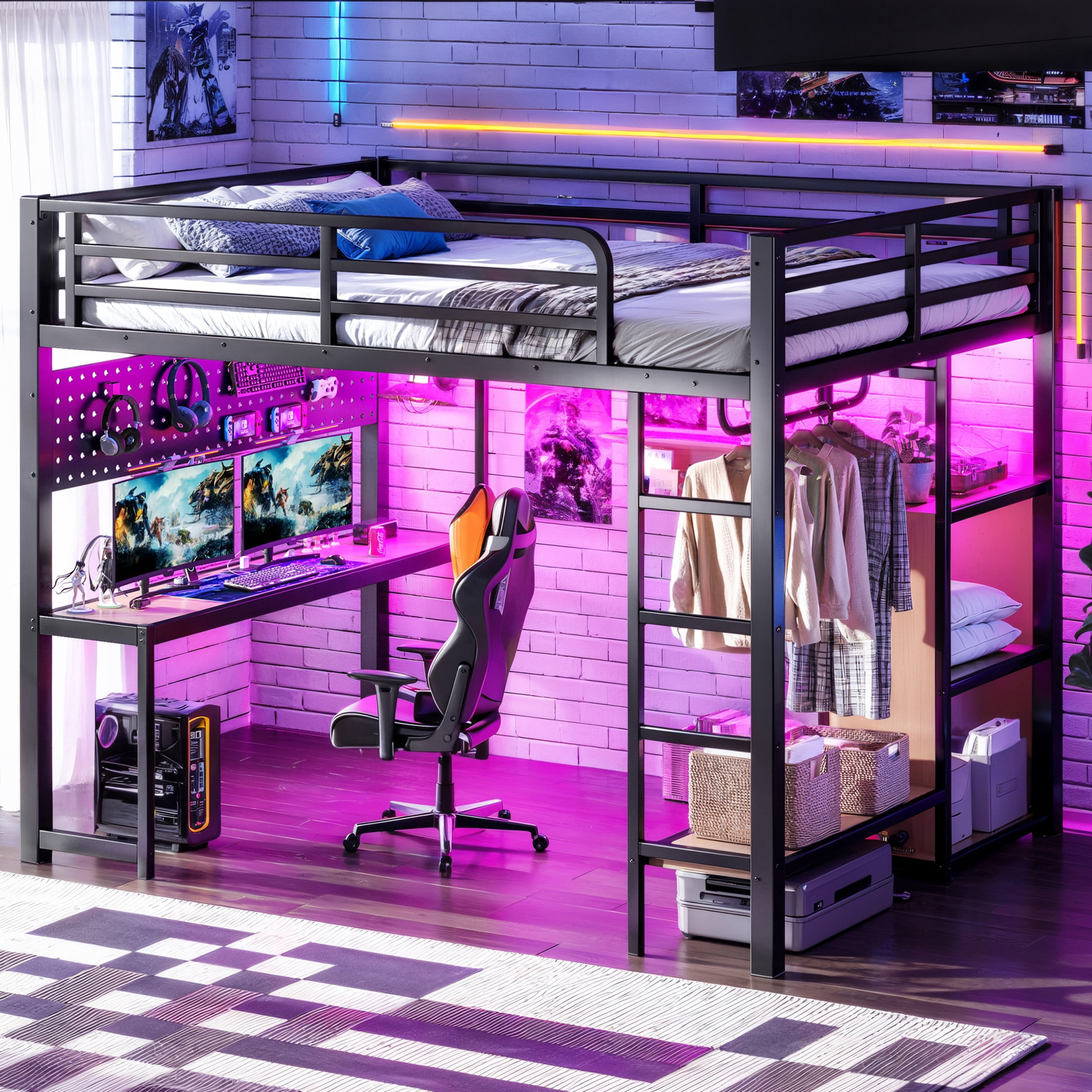Noble House Queen Loft Bed with Desk, Storage Shelves, USB Ports and Lights, Black