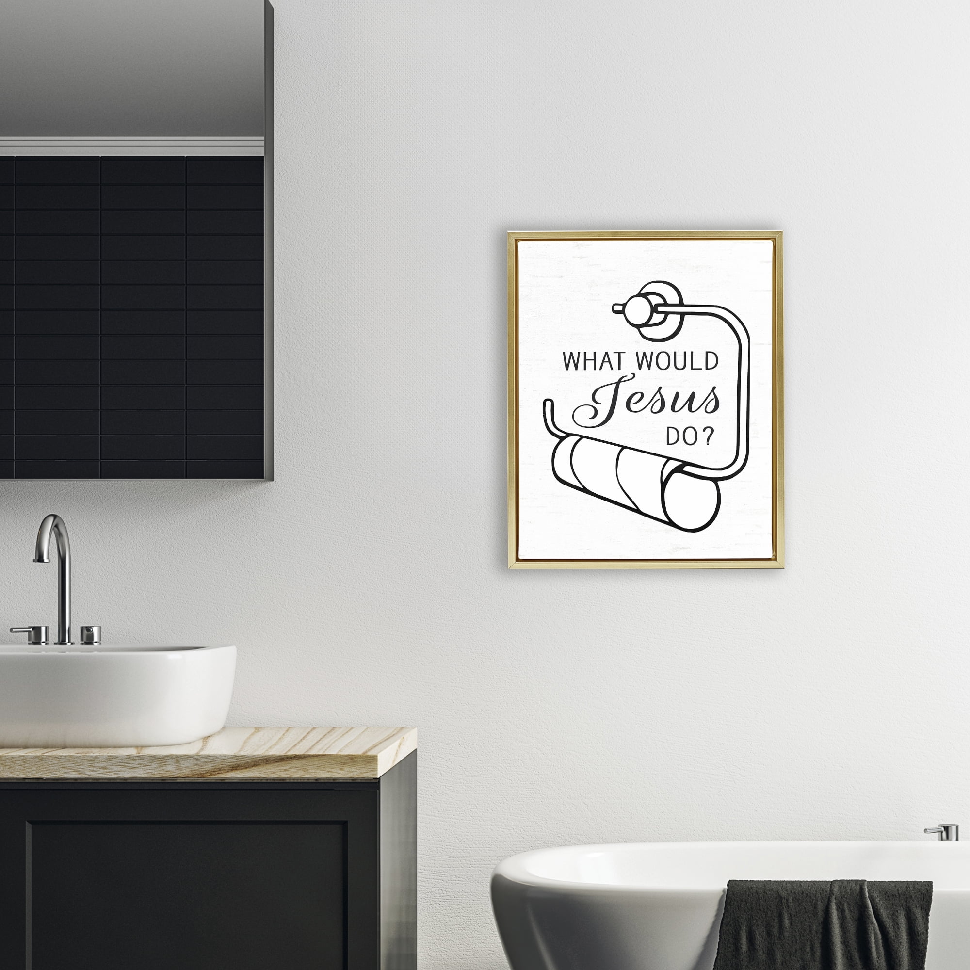 What Would Jesus Do Toilet Paper Gold Framed Floater Canvas Wall Art, design by Lettered and Lined