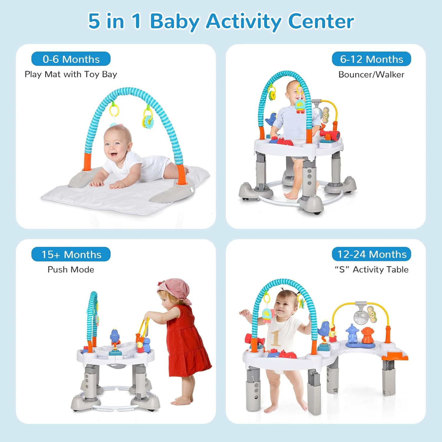 INFANS 5 in 1 Baby Activity Center with 8 Toys, Play Mat, 360°Rotating Seat, Foldable Infant Learning Table with 3 Adjustable Height for 0-24 Months