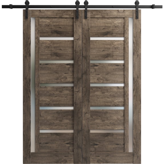 Sturdy Double Barn Door 56 x 80 inches | Quadro 4088 Cognac Oak with Frosted Glass | Stainless Steel 13FT Rail Hangers Heavy Set | Solid Panel Interior Doors