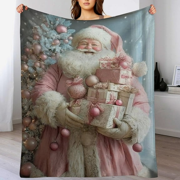RKSupls Christmas Throw Blanket,Soft Warm Fannel Pink Christmas Santa Blankets Gift for Home Bed Sofa Couch Decor,60x80 in