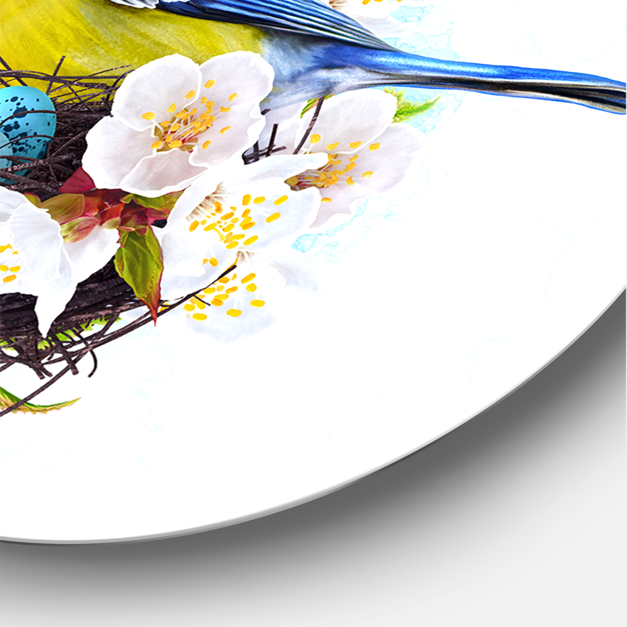 Designart 'Two Tit Birds Sitting Near The Nest With Eggs and White Flowers I' Traditional Circle Metal Wall Art 36x36 - Disc of 36