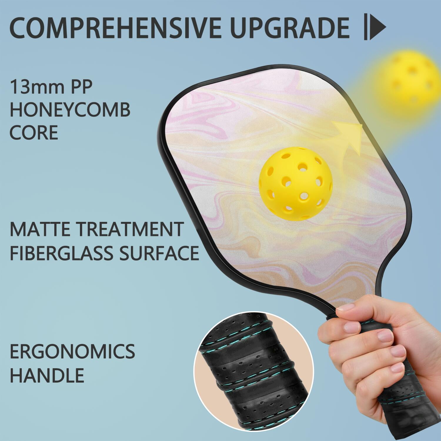 Pickleball Paddles Set Of 2, Fiberglass Surface, Liquid & Marble Print, 4 Balls & Bag