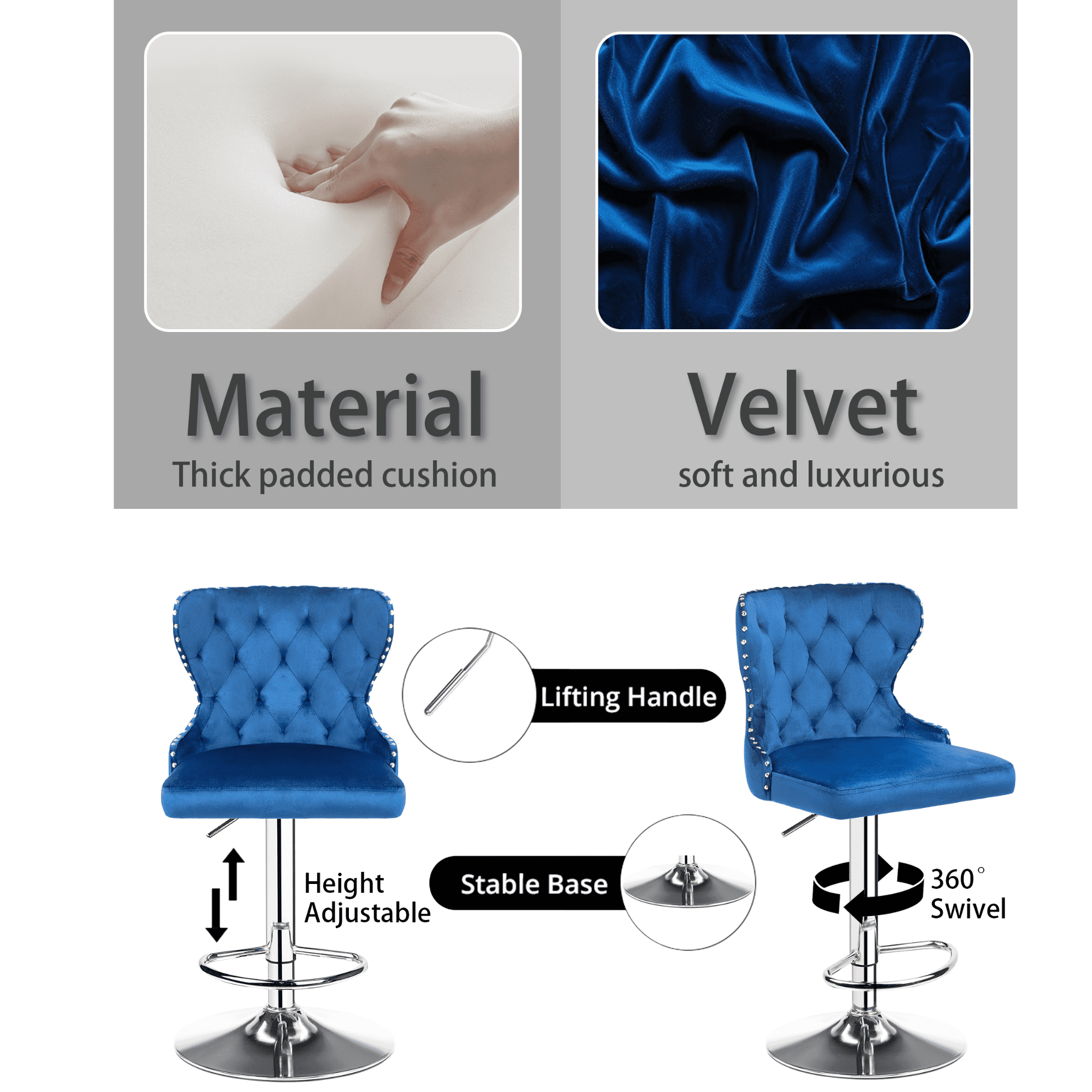 Set of 2 Adjustable Swivel Bar Stools,Velvet Upholstered Counter Height Chairs with Nailhead Trim, Silver Footrest, and High Back for Kitchen Island, Home Bar, Dining Room, Cafe, Blue