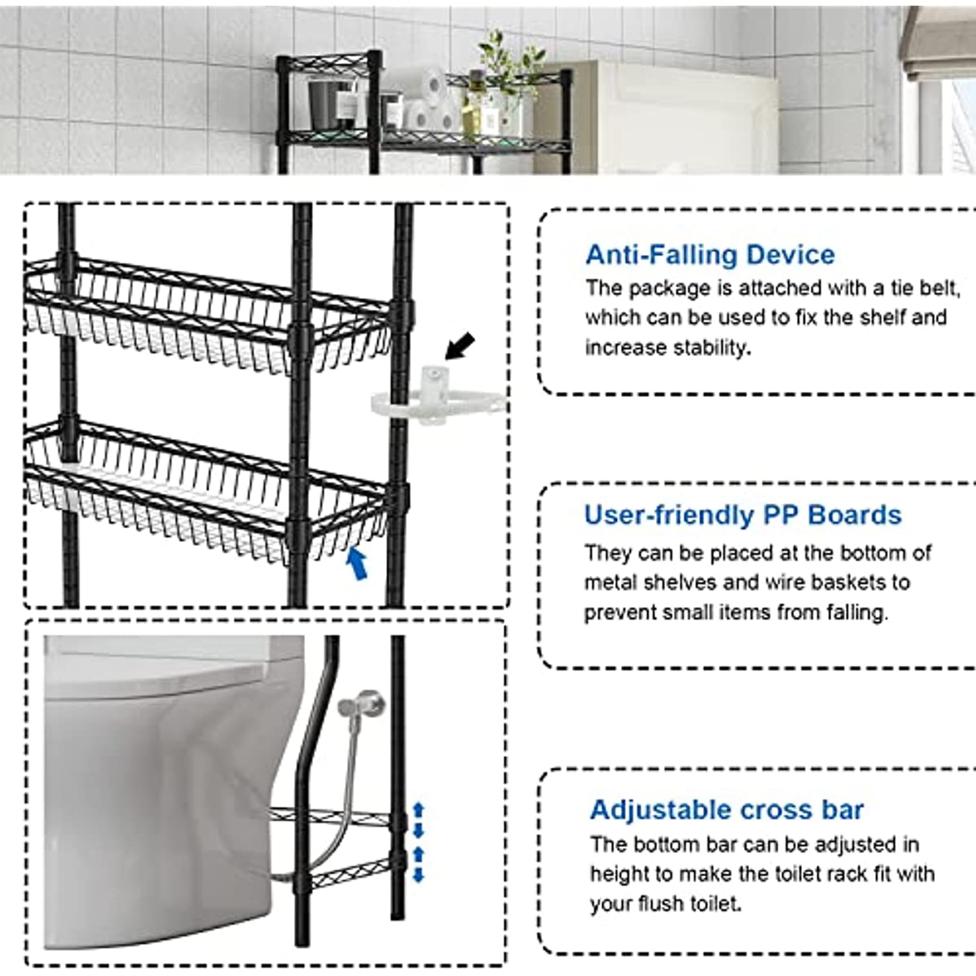 Untyo 3 Tier Over the Toilet Storage Rack Bathroom Storage Shelf Space Saver Stand Above Toilet Wire Shelves Sturdy Metal Bathroom Organizer Shelf with Adjustable Shelves and Baskets