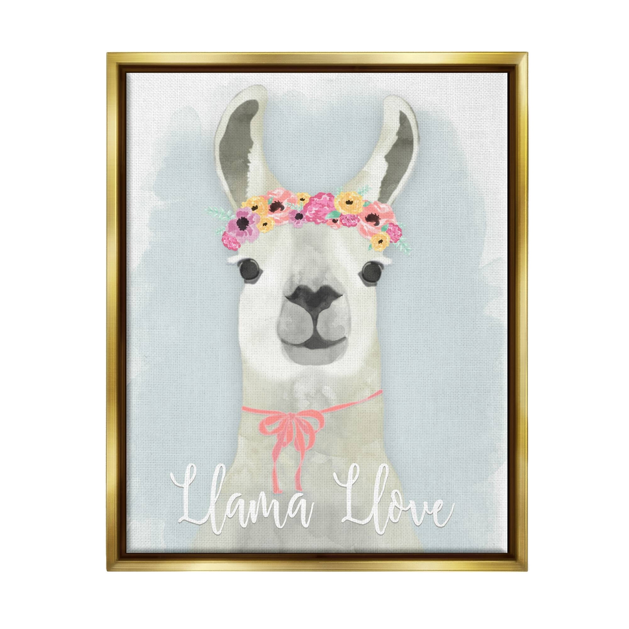 Stupell Industries Llama Love Pink Flower Tiara Metallic Gold Framed Floating Canvas Wall Art, 16x20, by Jessica Mundo
