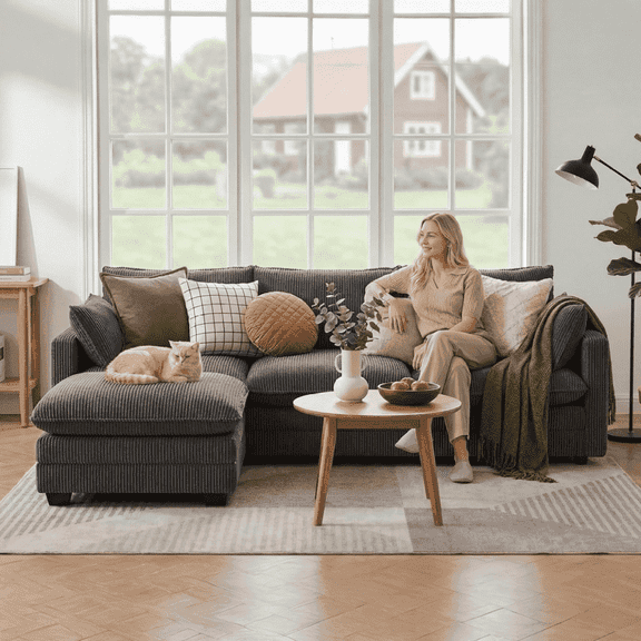 110'' L Shaped Cloud Couch with Removable and Washable Cover, Noelse 3 Seater Modular Sectional Corduroy Sofa with Deep Seat and Movable Ottoman for Living Room Bedroom, Gray