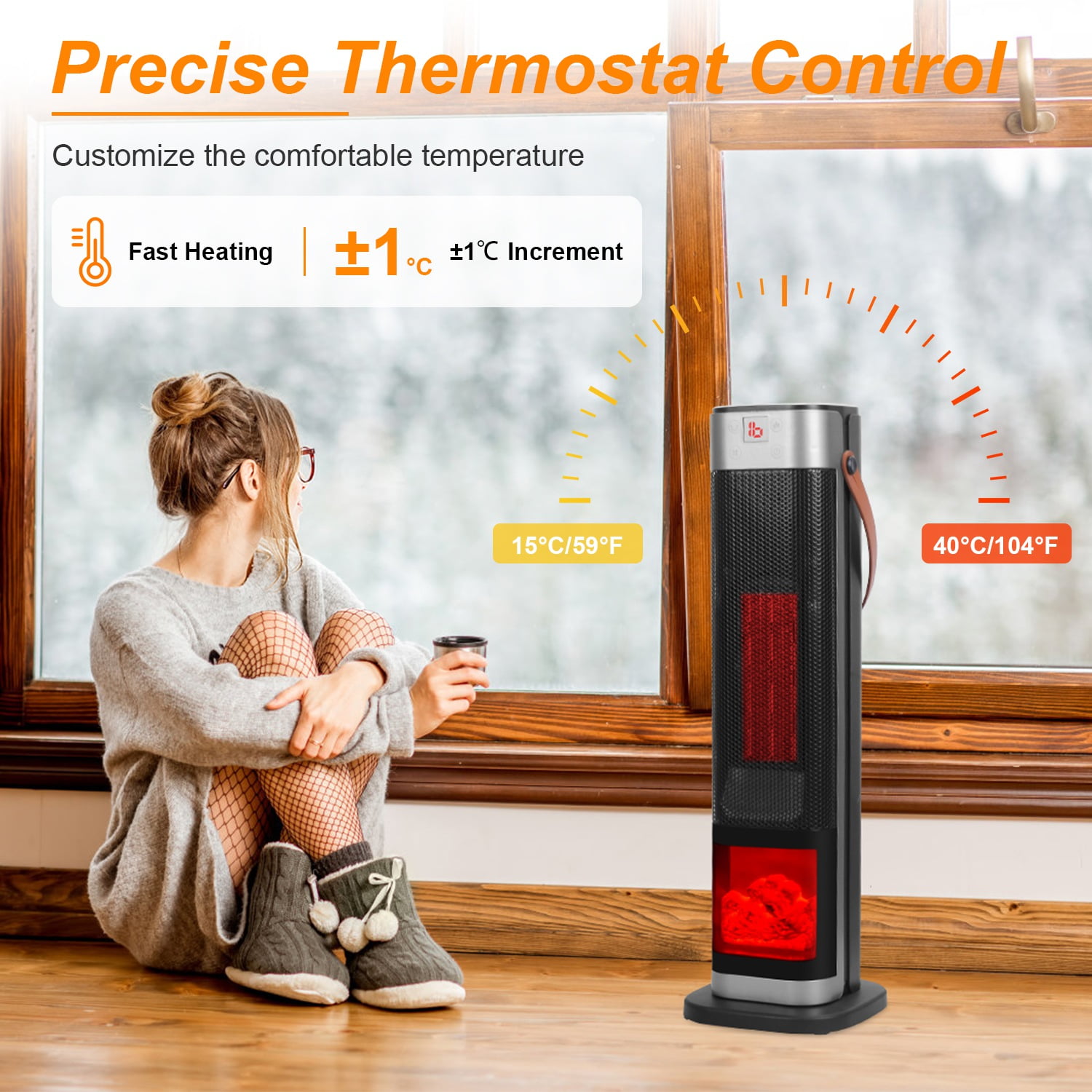 1500W Oscillating Tower Space Heater with 3D Flame, 90°Wide-Angle 323 Sq.Ft Heater with 1℃ Precision Thermostat & Remote, Overheat/Tip-Over Protection Portable Heater for Home Bedroom Office