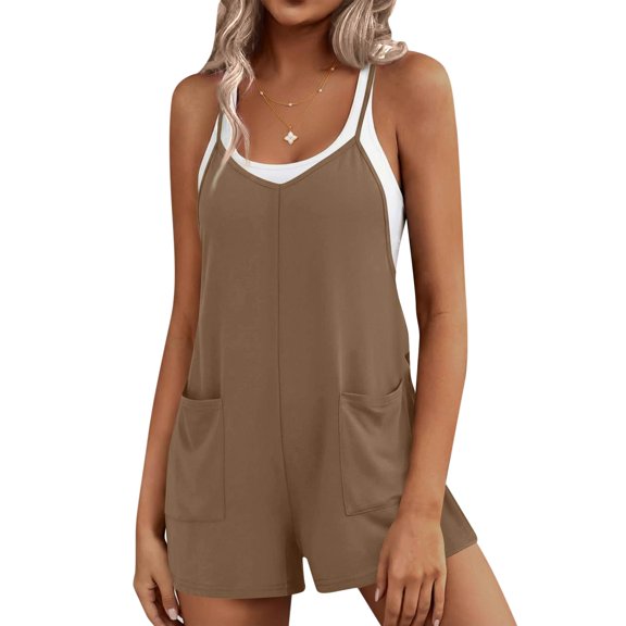 JULMCOMO Rompers for Women Scoop Neck Spaghetti Straps Breathable Loose Fit Rompers Sleeveless Lightweight Summer One Piece Outfits with Pockets Brown S
