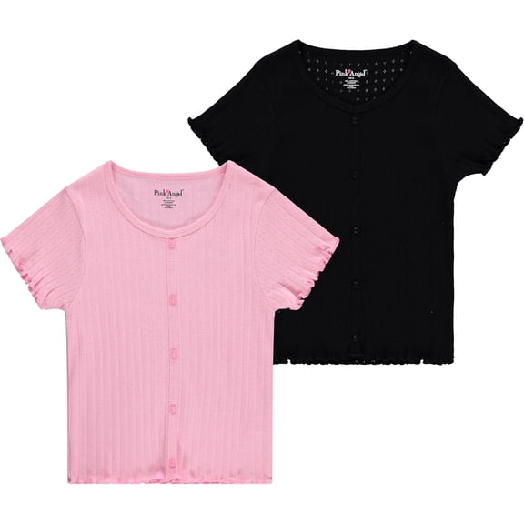 Pink Angel Girls 2-Pack Pointelle Knit T Shirts, Short Sleeve Tops with Faux Buttons, Lightweight Breathable Girls Clothing