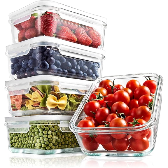 NutriChef Set of 5 Stackable Borosilicate Glass Food Storage Containers, 30 Oz