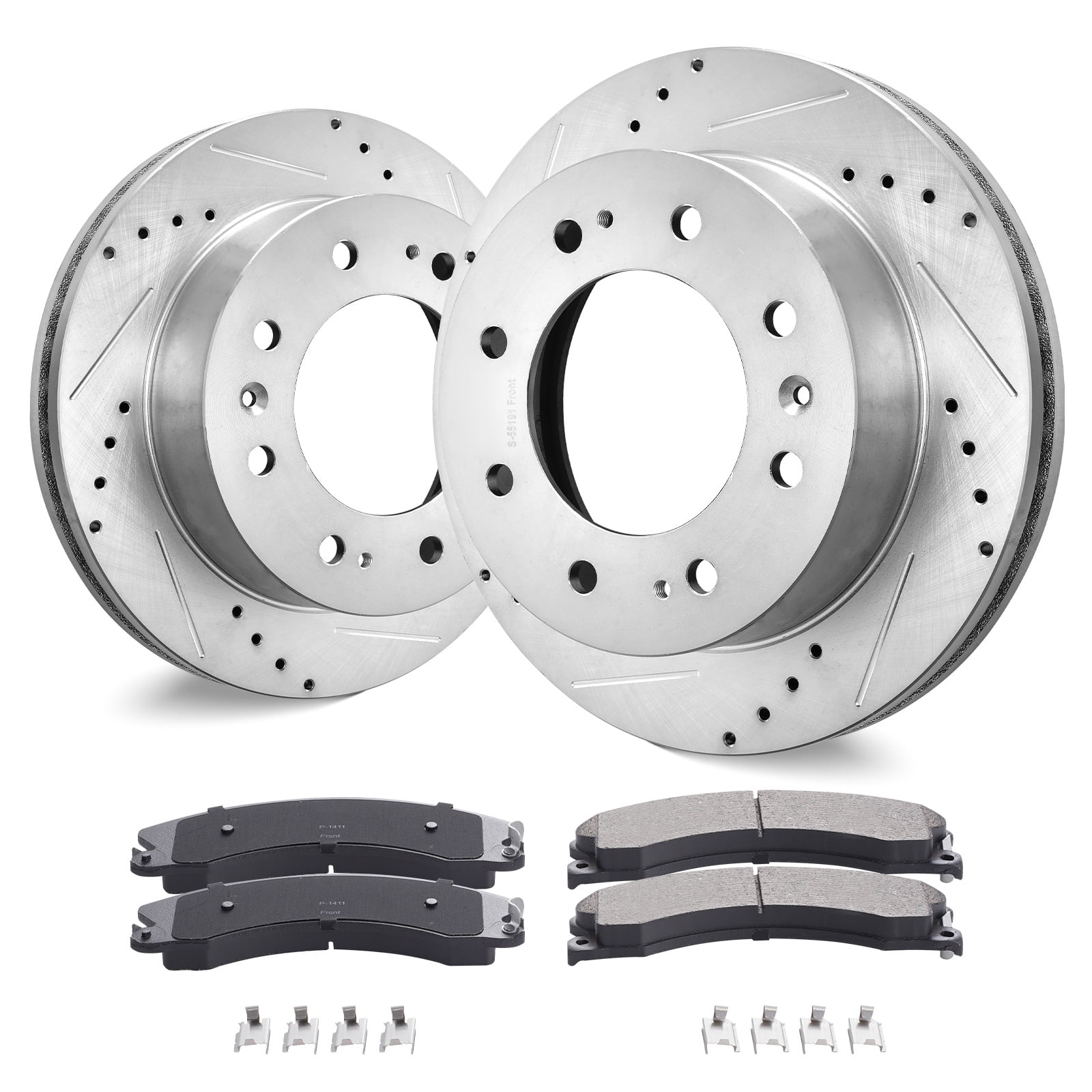 KFFKFF Front Brake Upgrade for 2011-2019 Chevy Silverado GMC Sierra 2500 3500 HD, Includes 14" Drilled & Slotted Rotors with Ceramic Pads, Enhances Braking Performance
