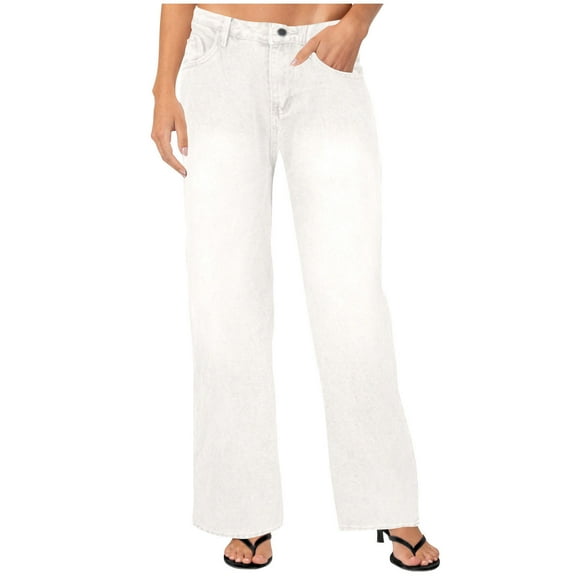 YanHoo Women's Wide Leg Jeans High Waisted Stretchy Jeans Straight Leg Loose Fit Baggy Denim Pants with Pockets White,L