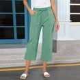 thumbnail image 2 of Kvture Linen Capri Pants for Women Casual Summer Elastic Waist Straight Leg Crop Pants Drawstring Beach Trousers with Pockets Green XXL, 2 of 5