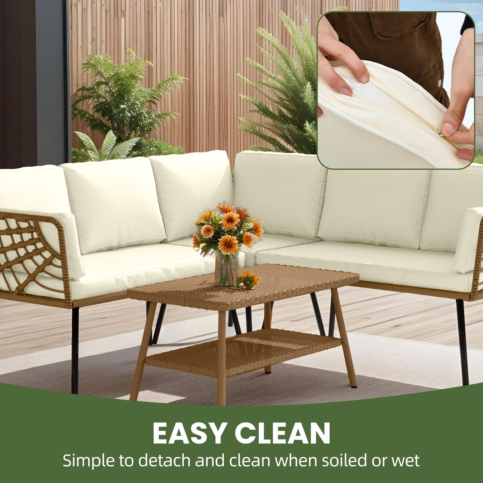 Uforic 4 Piece Outdoor Patio Furniture Set, Rattan Wicker Outdoor Conversation Sectional Sofa Set, Beige