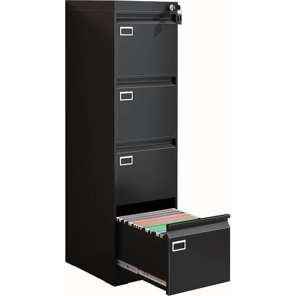 4 Drawer Metal File Cabinet with Lock, Black Lockable Filing Cabinets, Vertical Small File Cabinet with Key, Under Desk Filing Cabinets for Home Office