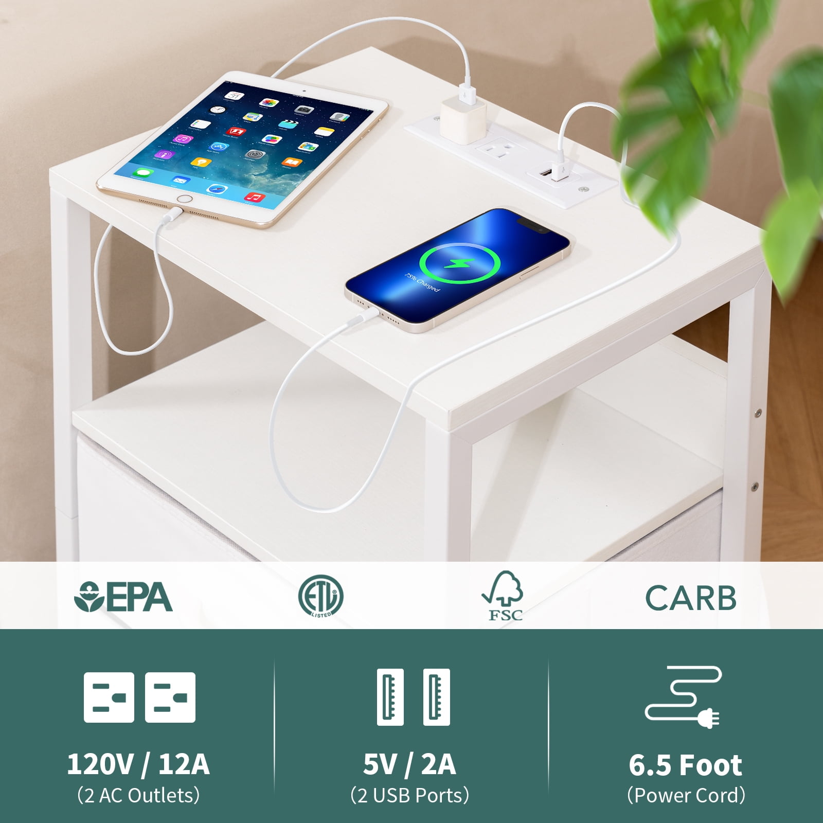 Nightstand with Charging Station, Small Night Stand Fabric Drawers and Storage Shelf for Bedrooms, Nightstands Spaces, Bedside Table USB Ports & Outlets, White