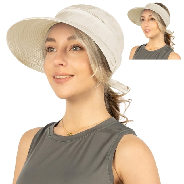 SUN CUBE Sombrero de sol para mujer para protección UV al aire libre, sombrero de ala ancha para el sol, cola de caballo, visera de playa convertible con cremallera