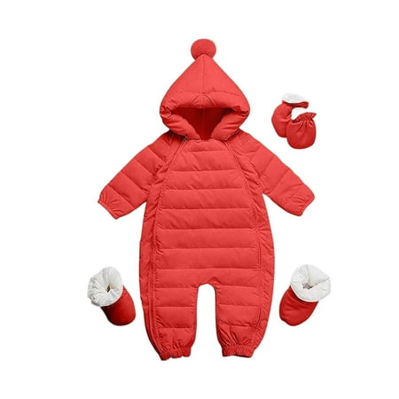 Toddler Hooded Romper Double Zip Long Sleeve Winter Jumpsuit Thermal Comfy Oneise With Mitten & Bootie (18 Months Red)