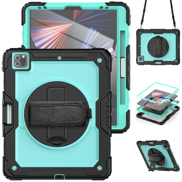 XYX For iPad Pro 12.9 inch Case (2022/2021/2020/2018), 360 Rotating Shockproof Cover with Stand, Screen Protector, Shoulder Strap, Sky Blue PC