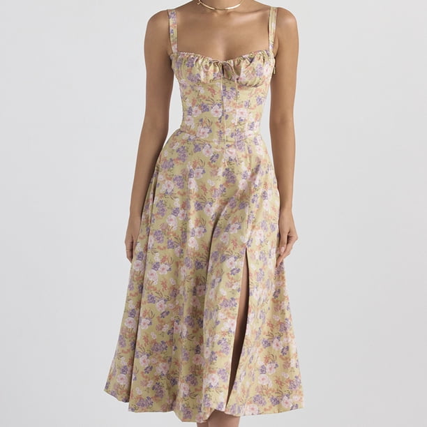 Vestido Midi Vestido Vestido Midi Bandage para mujer Vestido de fiesta sin mangas con estampado floral (Amarillo XL) Kuymtek para Mujer Amarillo T S