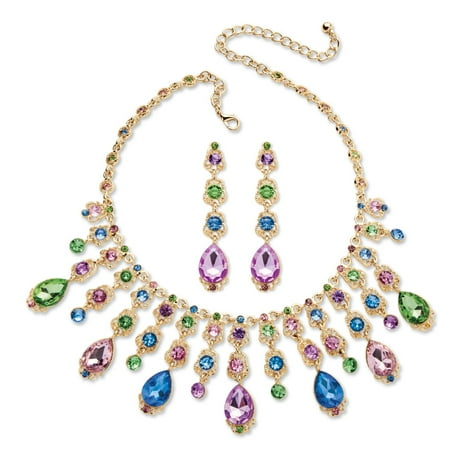 - Multicolor Oval Crystal Necklace and Earrings Jewelry Set in Gold Tone