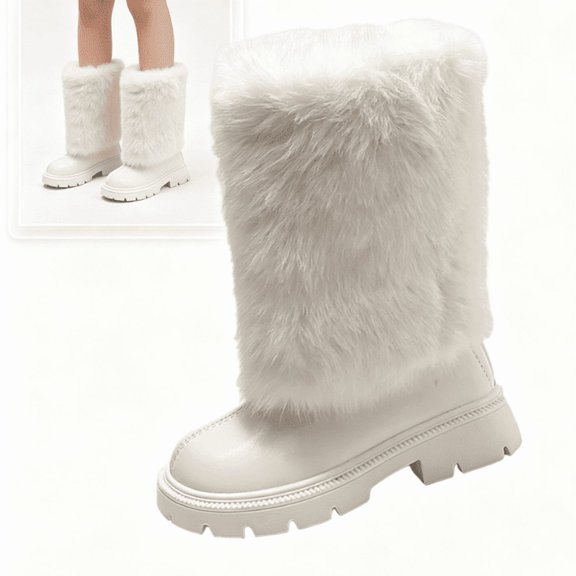 Willtoo Girls Mid Calf Boots Winter Round Toe Slip On Fuzzy Snow Boots Fashion Casual Cold Weather Walking Shoes for Daily Wear