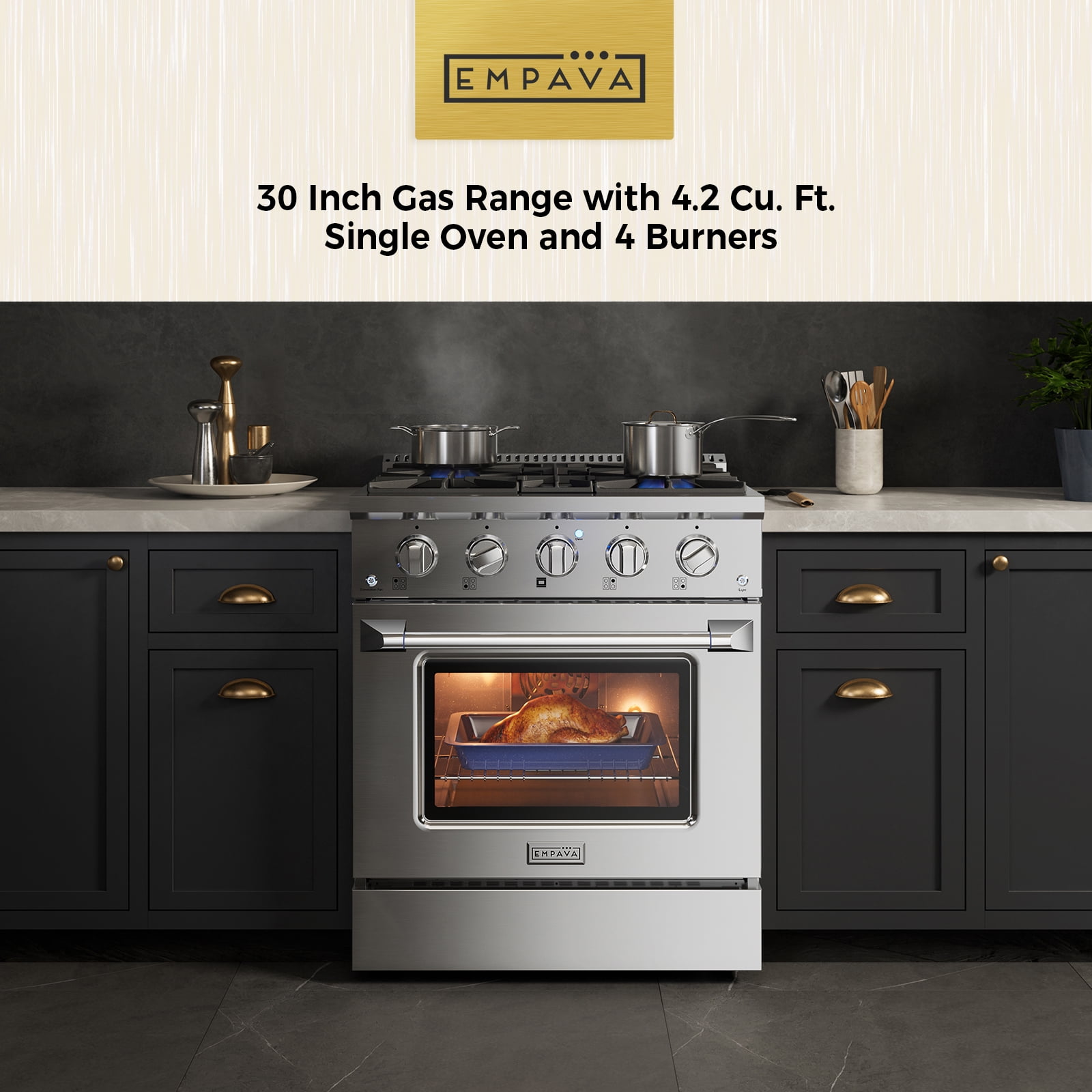 Empava 30 in. 4.2 cu. ft. Pro-Style Slide-In Single Oven Gas Range with 4 Sealed Ultra High-Low Burners - Heavy Duty Continuous Grates in Stainless Steel
