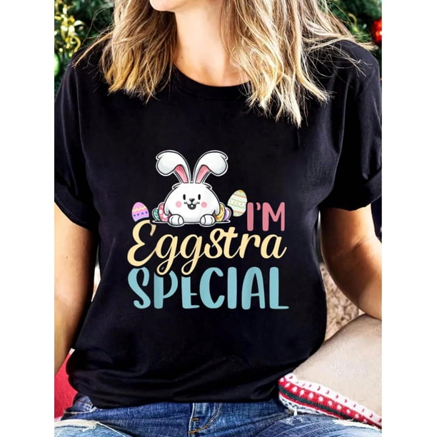 Funny Eggstra Special Happy Easter Bunny Rabbit Egg Hunt T-Shirt Women Graphic Print T Shirt, Casual Crew Neck Short Sleeve Top, Cotton Knit Fabric, Regular Fit, All-Season Wear Tee For Adult, Men, W