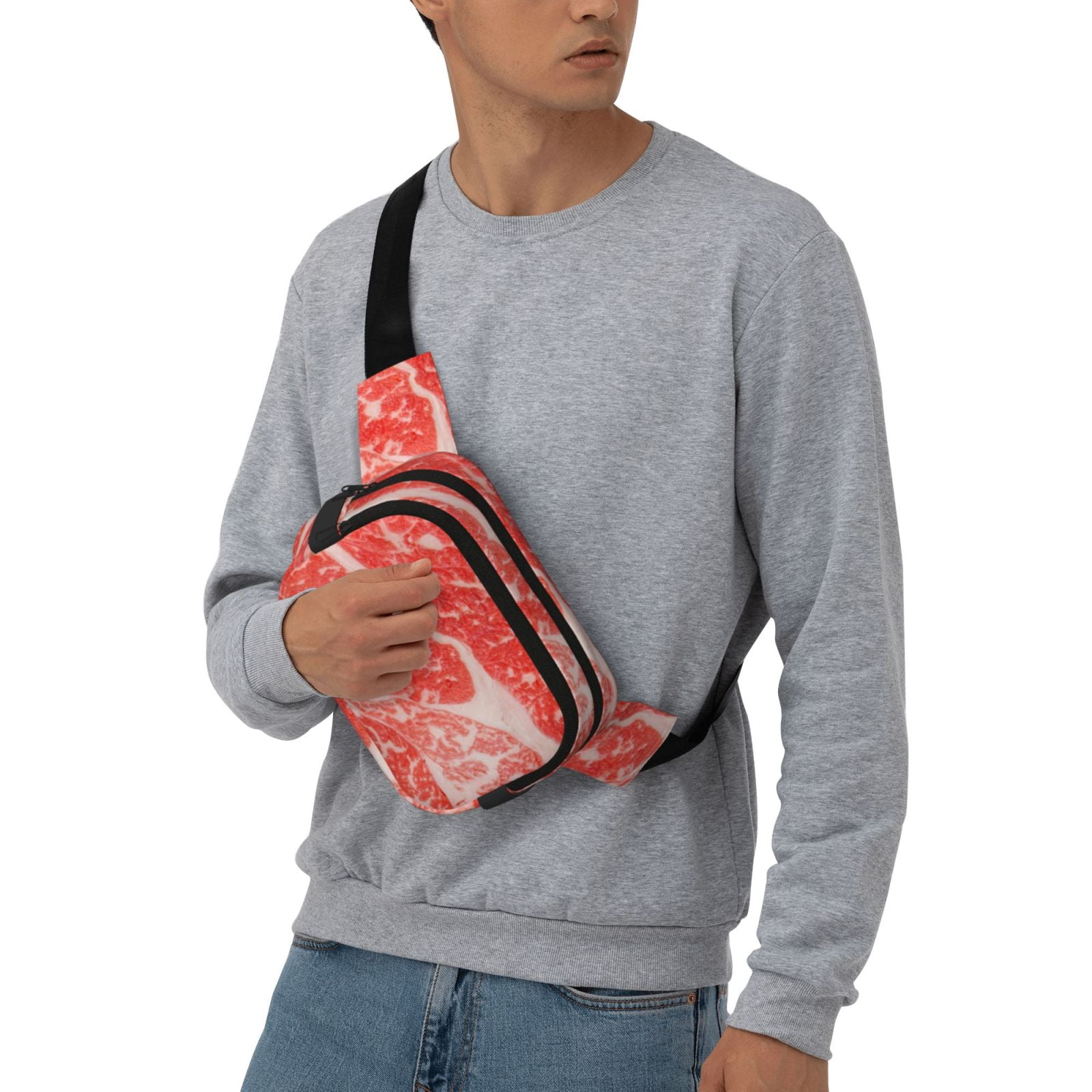 Picia Beef Steaks Print Square Double-Layer Waist Bag Mini Adjustable Waist Belt Bag Exercise Running Travel Hiking