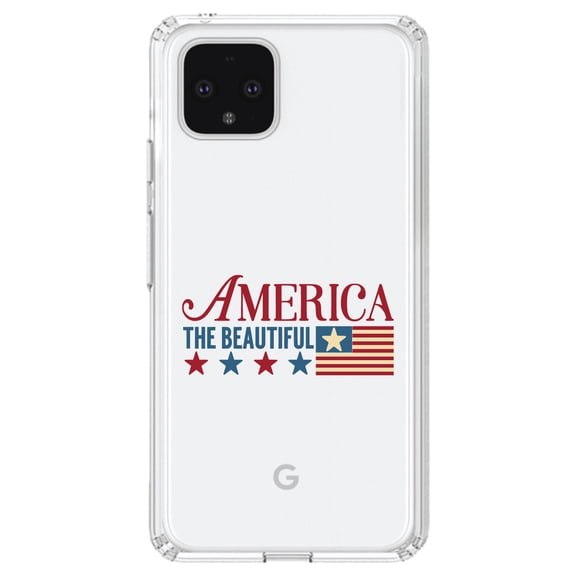 DistinctInk Clear Shockproof Hybrid Case for Google Pixel 4 XL (6.3" Screen) - TPU Bumper Acrylic Back Tempered Glass Screen Protector - America the Beautiful Flag
