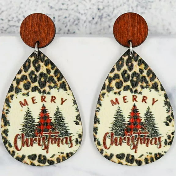 Wood Print Merry Christmas Trees Leopard Snowman Santa Claus Teardrop Earrings