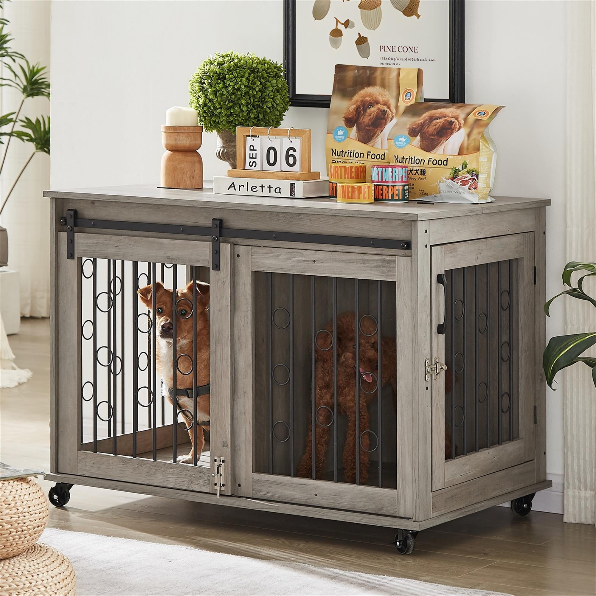 Pefilos 39" Dog Crate for Medium Dogs Sliding Door Wooden Dog Cage with